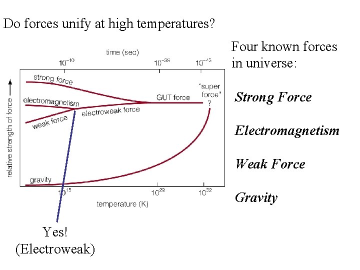 Do forces unify at high temperatures? Four known forces in universe: Strong Force Electromagnetism