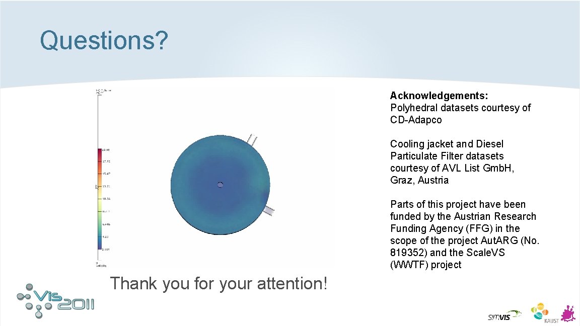 Questions? Acknowledgements: Polyhedral datasets courtesy of CD-Adapco Cooling jacket and Diesel Particulate Filter datasets