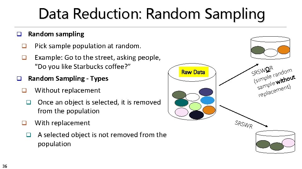 Data Reduction: Random Sampling Random sampling q q Pick sample population at random. q