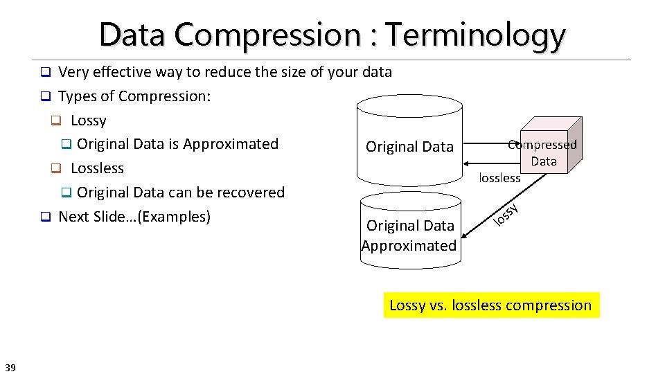 Data Compression : Terminology Very effective way to reduce the size of your data