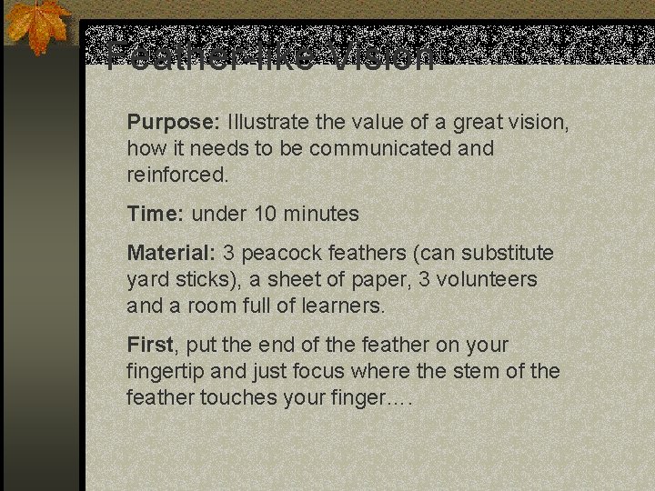 Feather-like Vision Purpose: Illustrate the value of a great vision, how it needs to