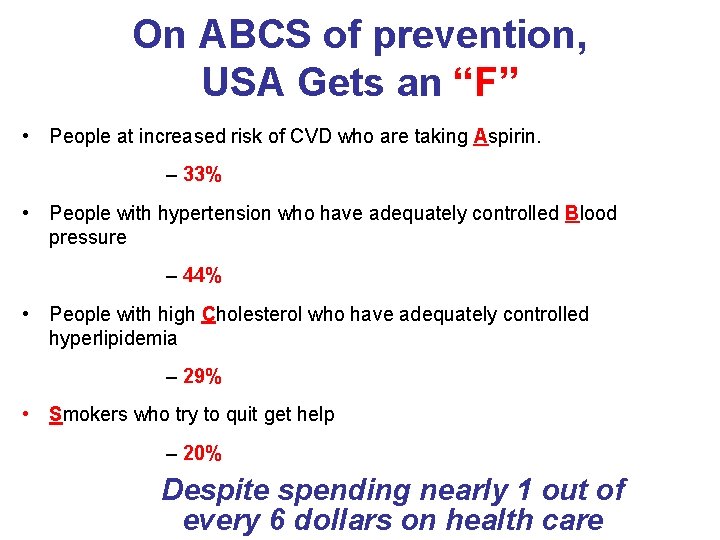 On ABCS of prevention, USA Gets an “F” • People at increased risk of On ABCS of prevention, USA Gets an “F” • People at increased risk of