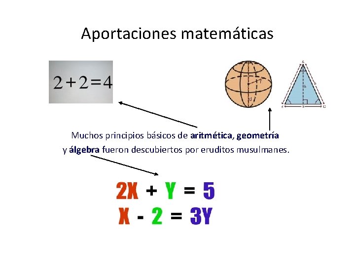 Aportaciones matemáticas Muchos principios básicos de aritmética, geometría y álgebra fueron descubiertos por eruditos