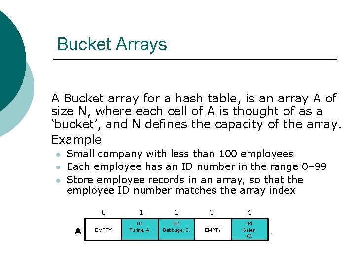 Bucket Arrays A Bucket array for a hash table, is an array A of