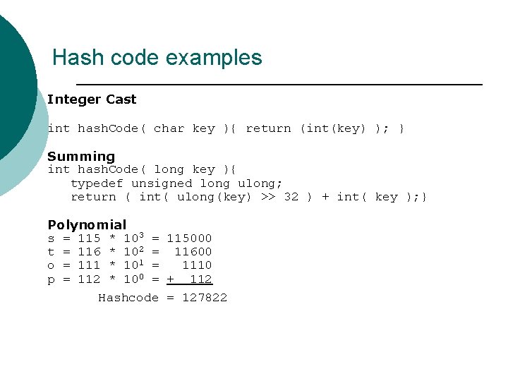 Hash code examples Integer Cast int hash. Code( char key ){ return (int(key) );