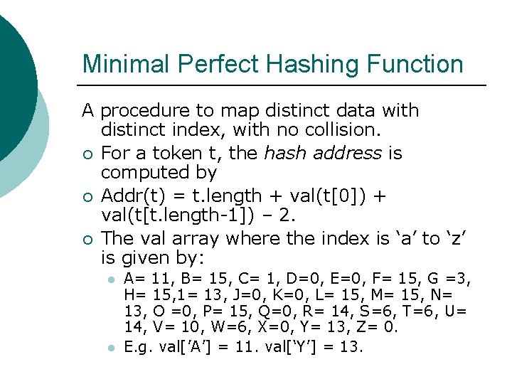 Minimal Perfect Hashing Function A procedure to map distinct data with distinct index, with