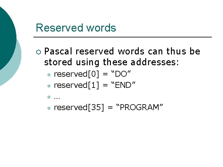 Reserved words ¡ Pascal reserved words can thus be stored using these addresses: l