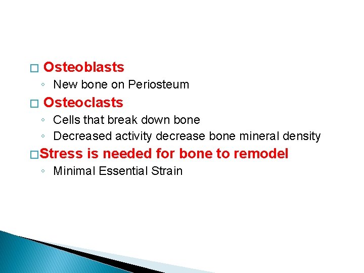 � Osteoblasts ◦ New bone on Periosteum � Osteoclasts ◦ Cells that break down