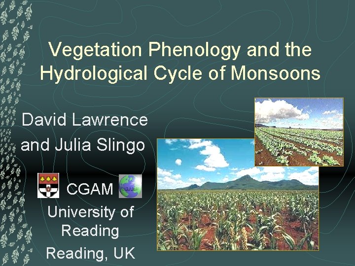 Vegetation Phenology and the Hydrological Cycle of Monsoons David Lawrence and Julia Slingo CGAM