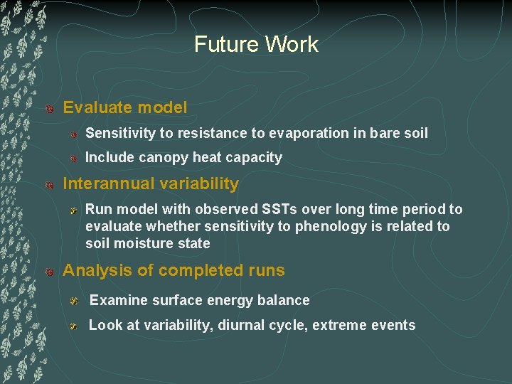 Future Work Evaluate model Sensitivity to resistance to evaporation in bare soil Include canopy