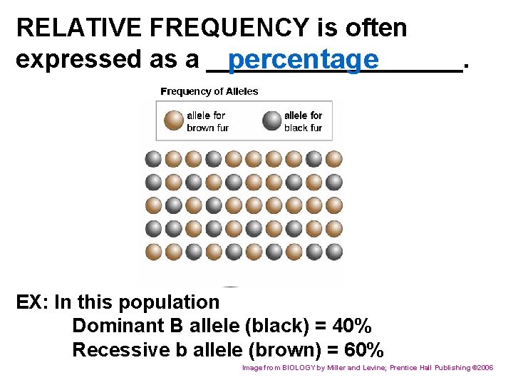 RELATIVE FREQUENCY is often expressed as a _________. percentage EX: In this population Dominant