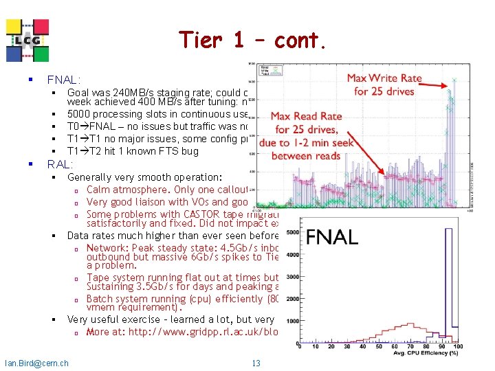 Tier 1 – cont. § FNAL: § Goal was 240 MB/s staging rate; could