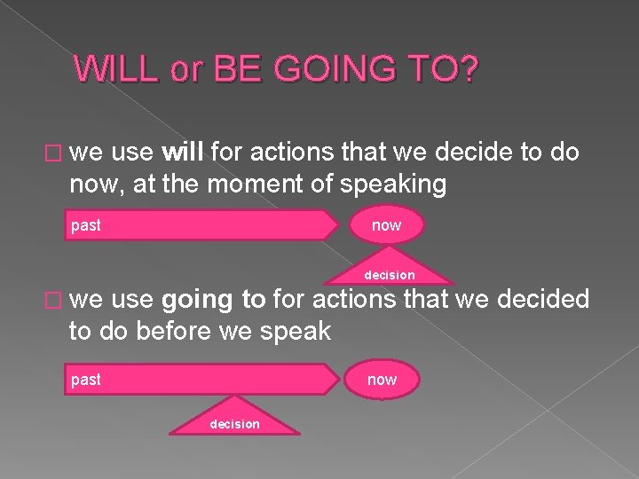 WILL or BE GOING TO? � we use will for actions that we decide