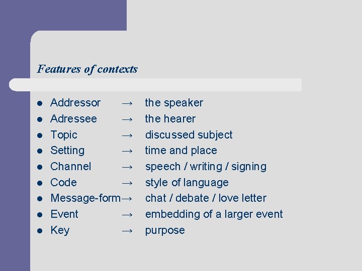 Features of contexts l l l l l Addressor → Adressee → Topic →