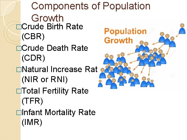 Components of Population Growth �Crude Birth Rate (CBR) �Crude Death Rate (CDR) �Natural Increase