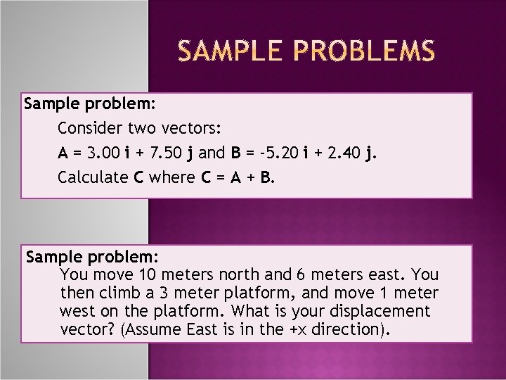 Sample problem: Consider two vectors: A = 3. 00 i + 7. 50 j