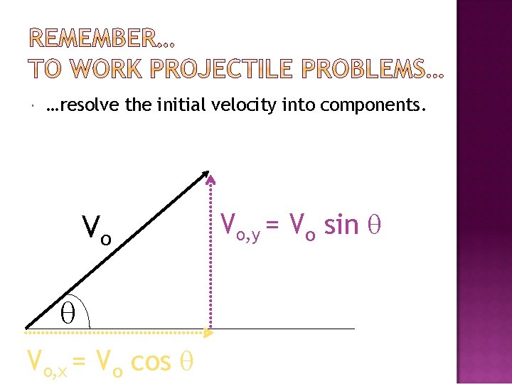  …resolve the initial velocity into components. Vo, x = Vo cos Vo, y