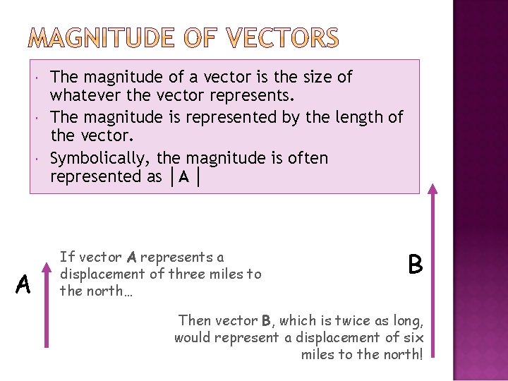  A The magnitude of a vector is the size of whatever the vector