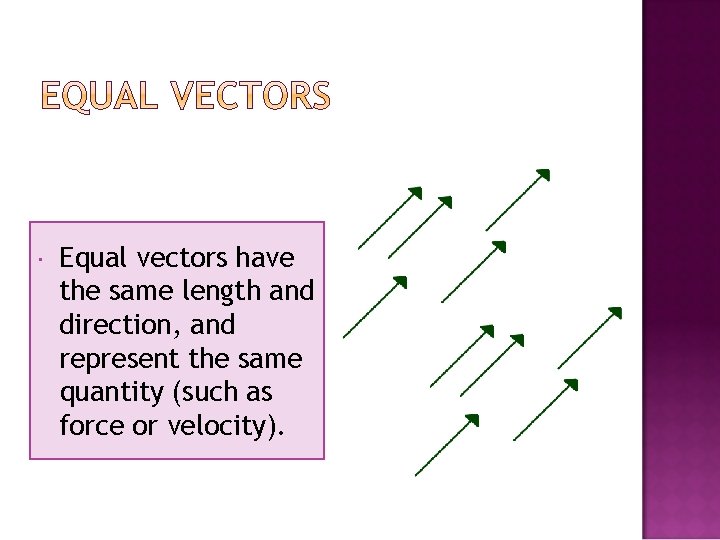  Equal vectors have the same length and direction, and represent the same quantity