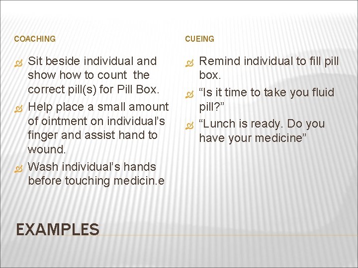 COACHING Sit beside individual and show to count the correct pill(s) for Pill Box.