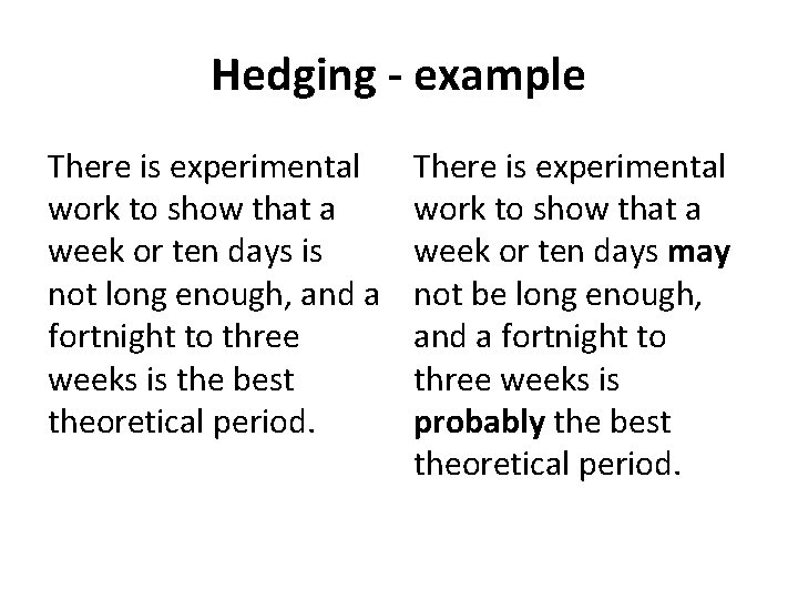 Hedging - example There is experimental work to show that a week or ten