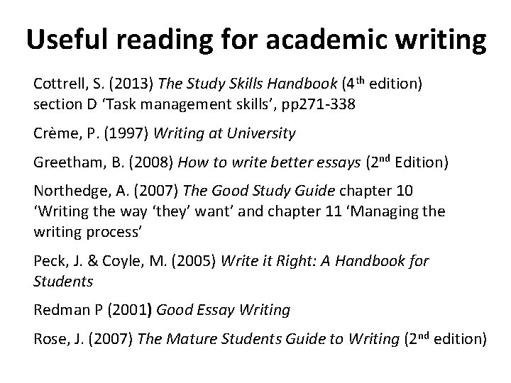 Useful reading for academic writing Cottrell, S. (2013) The Study Skills Handbook (4 th