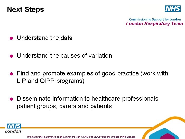 Next Steps London Respiratory Team Understand the data Understand the causes of variation Find Next Steps London Respiratory Team Understand the data Understand the causes of variation Find