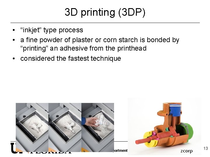 3 D printing (3 DP) • “inkjet” type process • a fine powder of