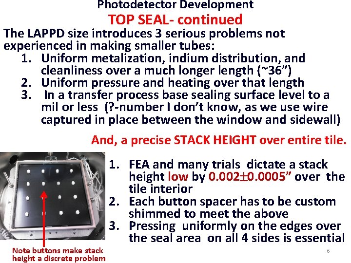 Photodetector Development TOP SEAL- continued The LAPPD size introduces 3 serious problems not experienced