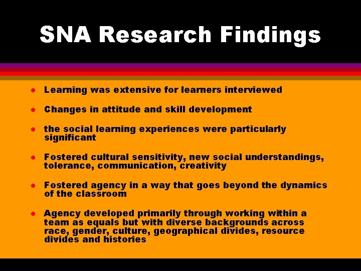 SNA Research Findings l Learning was extensive for learners interviewed l Changes in attitude SNA Research Findings l Learning was extensive for learners interviewed l Changes in attitude
