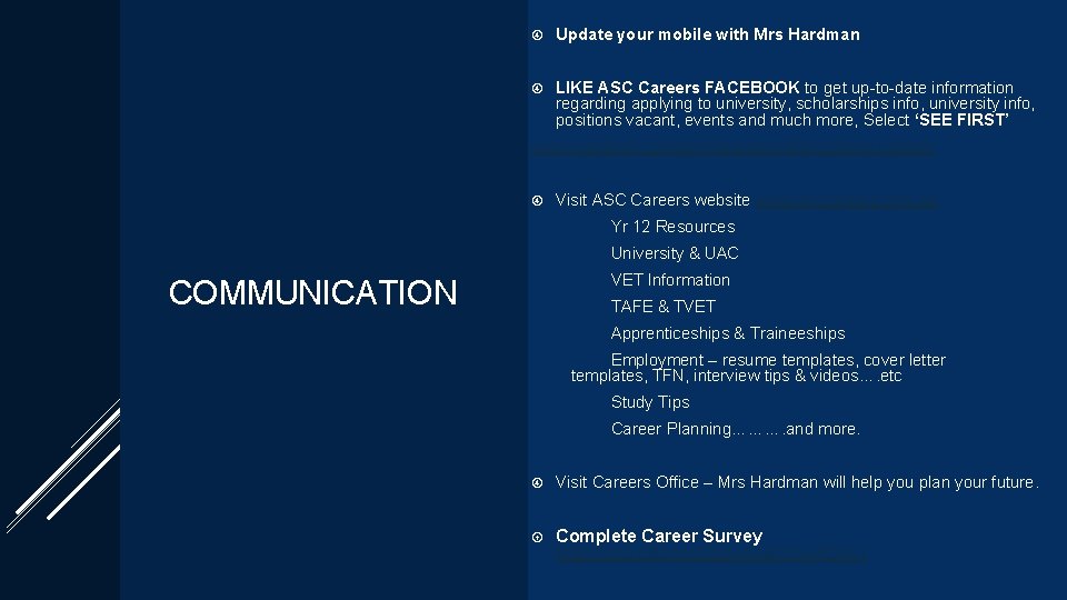 Update your mobile with Mrs Hardman LIKE ASC Careers FACEBOOK to get up-to-date Update your mobile with Mrs Hardman LIKE ASC Careers FACEBOOK to get up-to-date