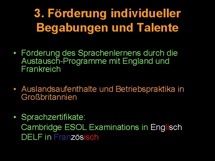 3. Förderung individueller Begabungen und Talente • Förderung des Sprachenlernens durch die Austausch-Programme mit