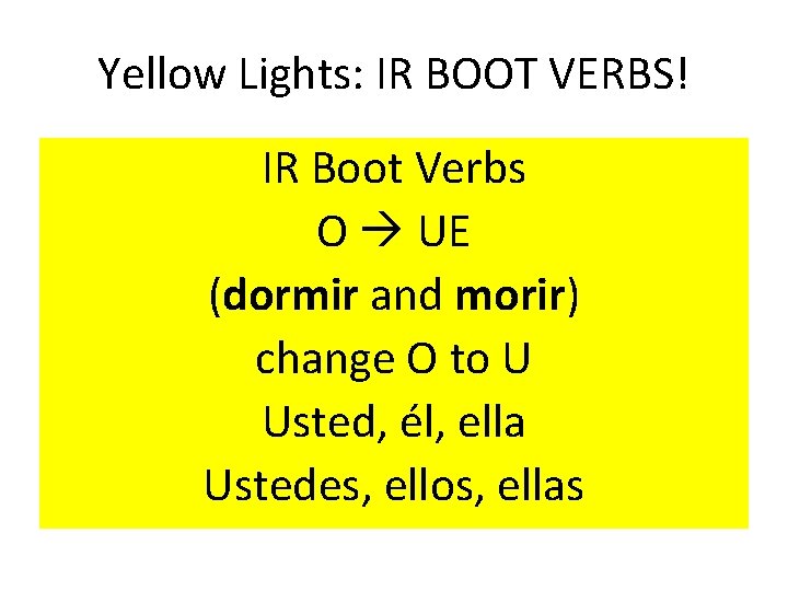 Yellow Lights: IR BOOT VERBS! IR Boot Verbs O UE (dormir and morir) change