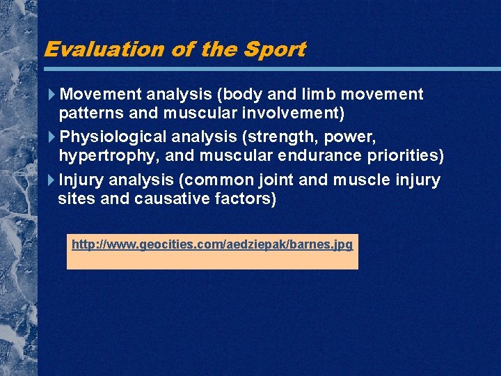Evaluation of the Sport Movement analysis (body and limb movement patterns and muscular involvement)