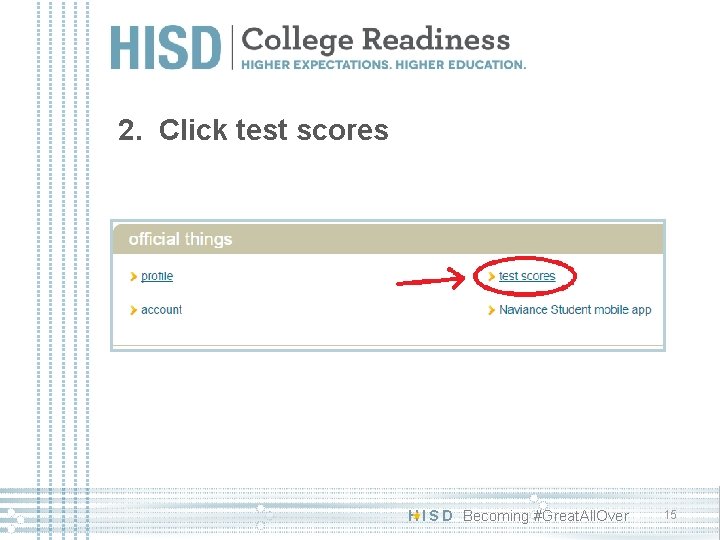 2. Click test scores H I S D Becoming #Great. All. Over 15 