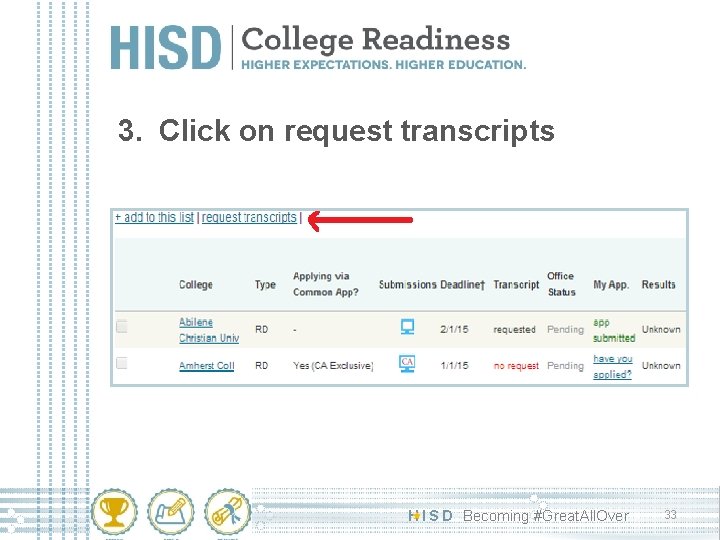 3. Click on request transcripts H I S D Becoming #Great. All. Over 33