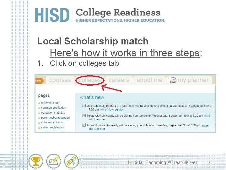 Local Scholarship match Here’s how it works in three steps: 1. Click on colleges