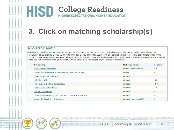 3. Click on matching scholarship(s) H I S D Becoming #Great. All. Over 42