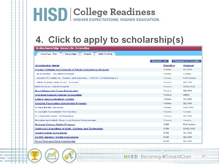 4. Click to apply to scholarship(s) H I S D Becoming #Great. All. Over