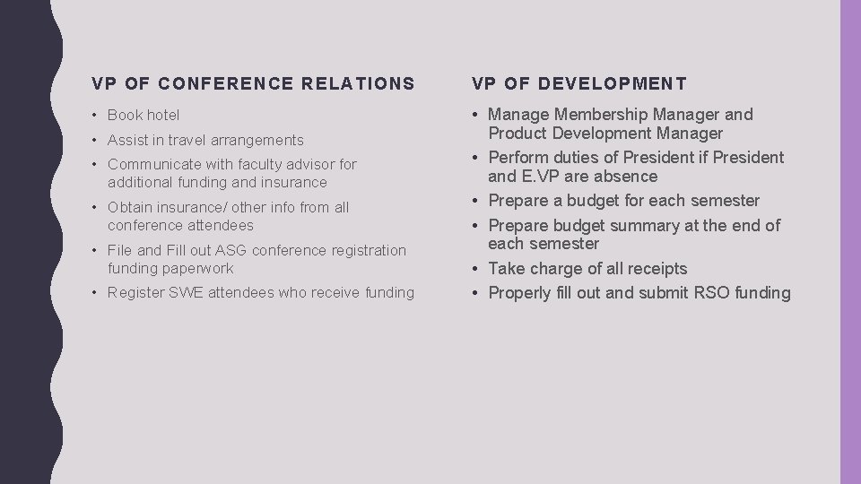 VP OF CONFERENCE RELATIONS VP OF DEVELOPMENT • Book hotel • Manage Membership Manager