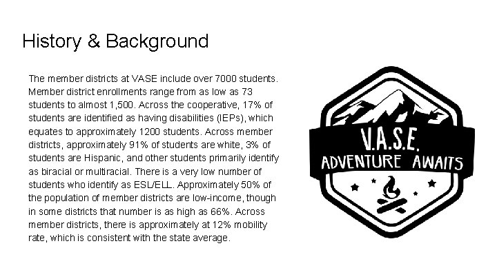 History & Background The member districts at VASE include over 7000 students. Member district