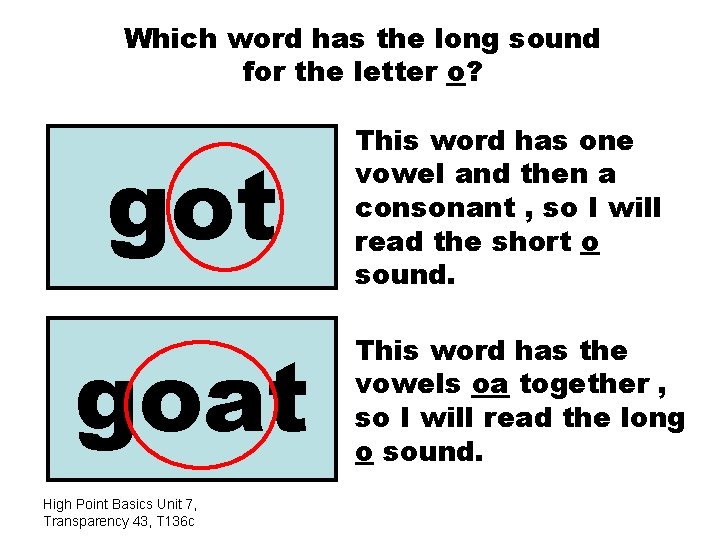 Which word has the long sound for the letter o? got goat High Point