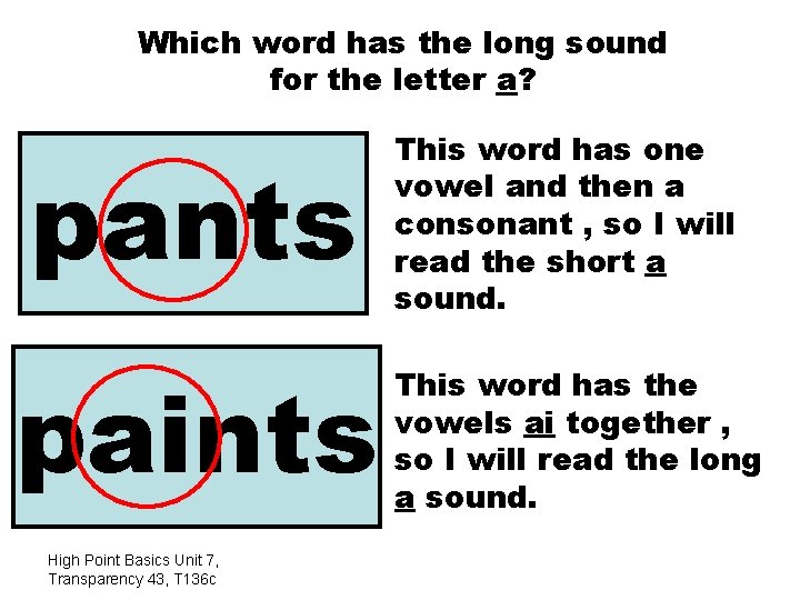 Which word has the long sound for the letter a? pants paints High Point