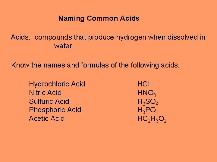 Naming Common Acids: compounds that produce hydrogen when dissolved in water. Know the names