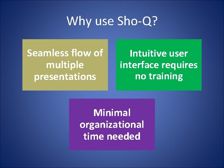 Why use Sho-Q? Seamless flow of multiple presentations Intuitive user interface requires no training Why use Sho-Q? Seamless flow of multiple presentations Intuitive user interface requires no training
