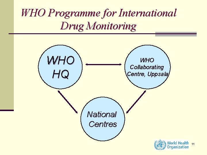 WHO Programme for International Drug Monitoring WHO HQ WHO Collaborating Centre, Uppsala National Centres
