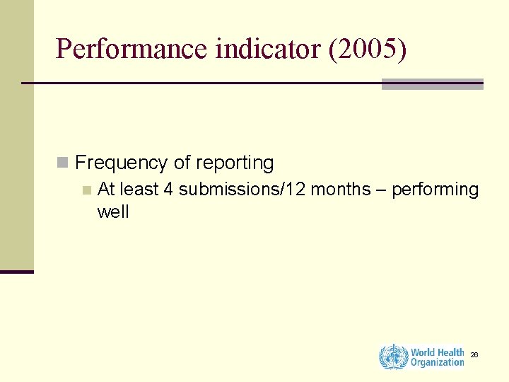 Performance indicator (2005) n Frequency of reporting n At least 4 submissions/12 months –