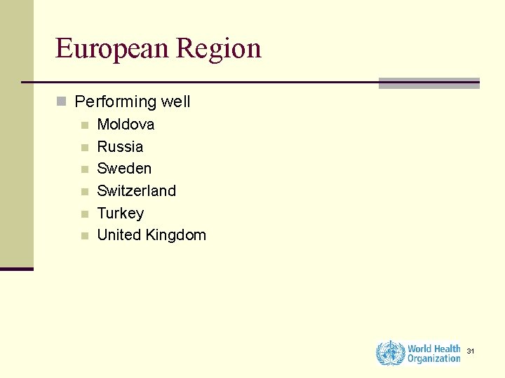 European Region n Performing well n Moldova n Russia n Sweden n Switzerland n
