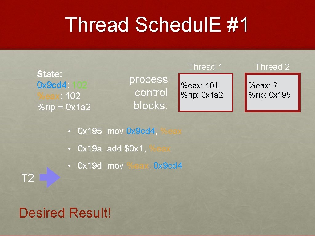 Thread Schedul. E #1 State: 0 x 9 cd 4: 102 %eax: 102 %rip