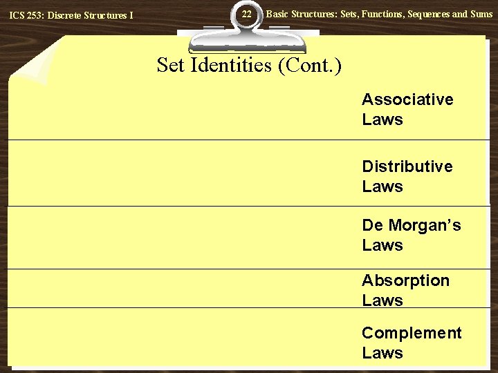 ICS 253: Discrete Structures I 22 Basic Structures: Sets, Functions, Sequences and Sums Set